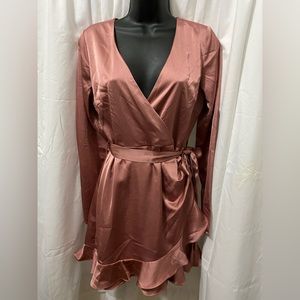 Altar’d State Rose Pink Dusty Rose Dress Satin Waist Belt V Neck Ruffle Medium